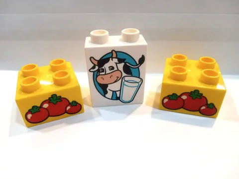 2 LEGO DUPLO  2X2 WITH TOMATO  DESIGN & 1X2X2 WITH COW/MILK DESIGN