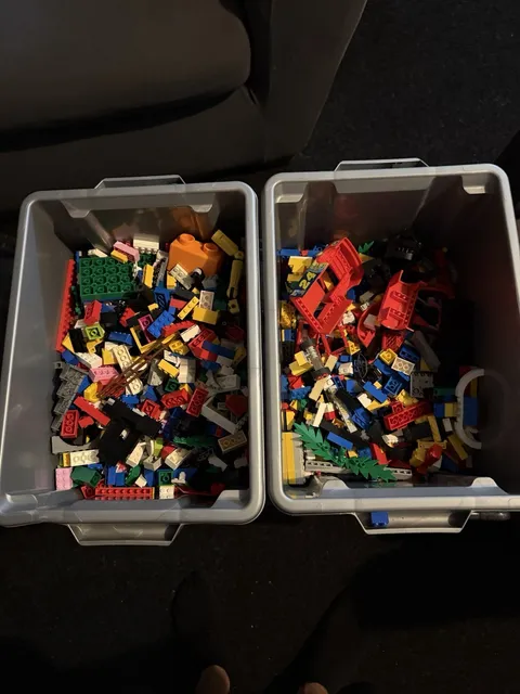 LEGO Bulk Lot Mixed Bricks & Pieces Multicolor Plastic in 2 Gray Lego Tubs