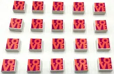 Lego 20 New White Tiles 1 x 1 Flat Smooth w/ Coral 'LOVE' on Magenta Pieces