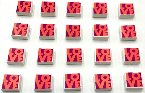 Lego 20 New White Tiles 1 x 1 Flat Smooth w/ Coral 'LOVE' on Magenta Pieces