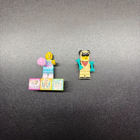 Lot of 2 Lego Minifigures PUG and Cheerleader missing hair and pom pom
