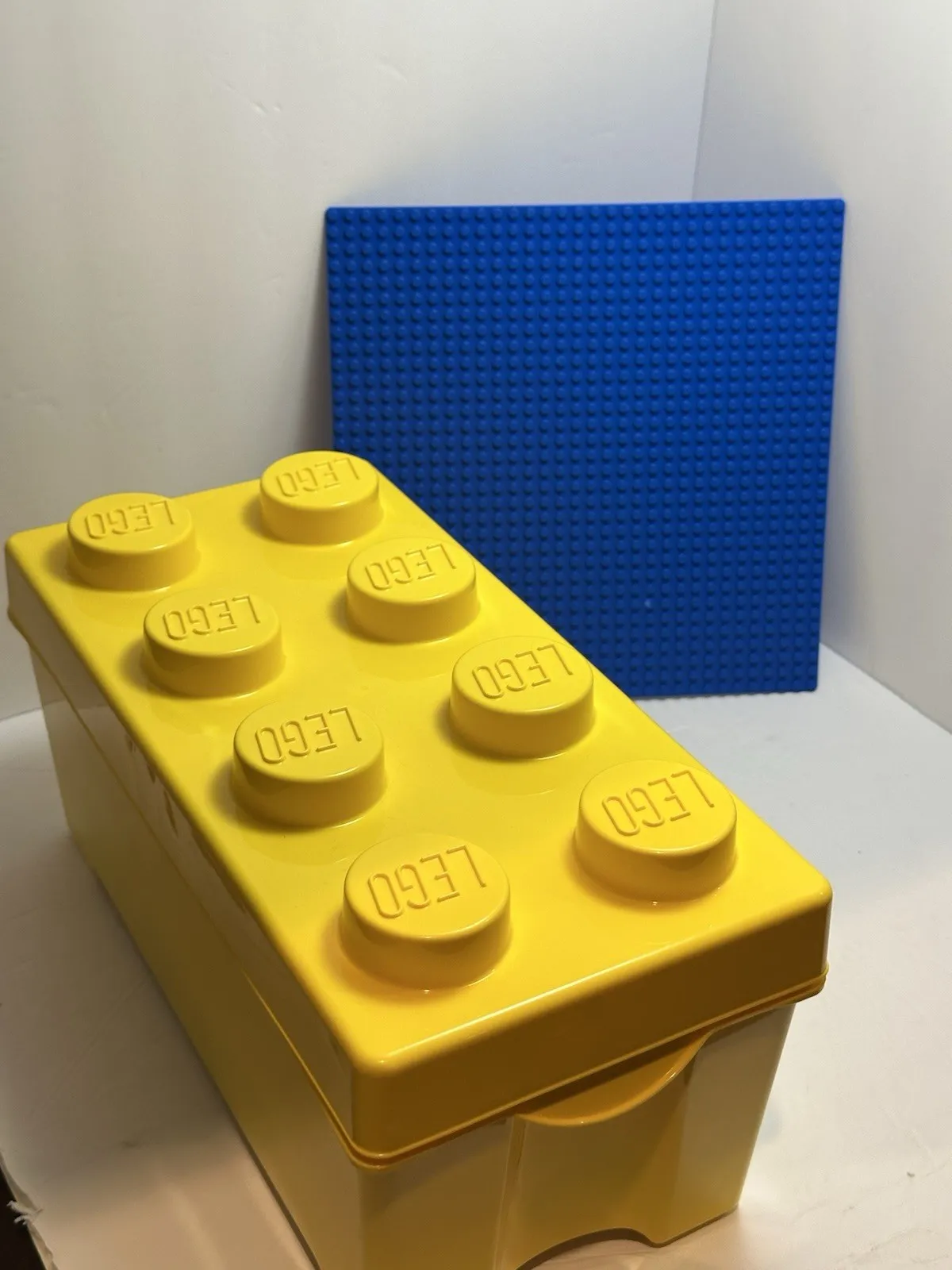 Lego Yellow 8 Stud 14"x6.5" Block Storage Container with Legos & Blue baseplate