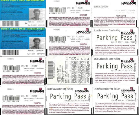 Legoland California collection of 20 tickets, passes, drivers licenses; no value