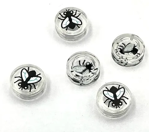 Lego 5 New Trans-Clear Tiles Flat Smooth Round 1 x 1 w/ Black Fly White Wings