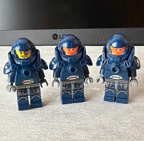 LEGO Minifigures Dark Blue Armor Suits w/ Helmets Lot of 3 (Orange/Yellow)