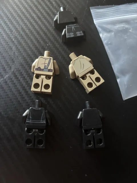 LEGO Minifigure Parts Lot - Black & Tan Torsos with Legs, 5 Pieces