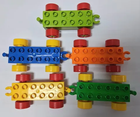 Lego DUPLO Train Car Base W/Wheels 2x6-Green-Red-Yellow & Blue Lot Of 5