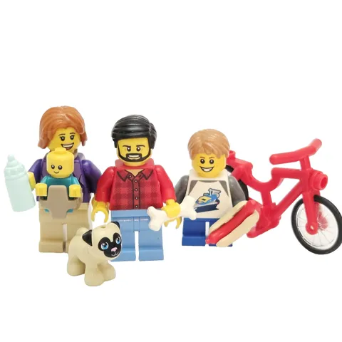 LEGO Family Minifigure Lot Baby Kid Bike Hot Dog Pug Dog Bottle Mom Dad Parts