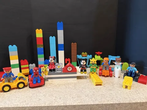 Lego Duplo Huge Lot 9 Figures Mickey Minnie Spiderman Pluto + Bricks Vehicles
