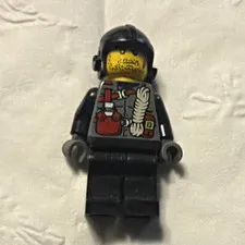 LEGO Minifigure Black Helmet Yellow Head Black Torso w/ Red/White Print Legs