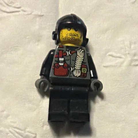 LEGO Minifigure Black Helmet Yellow Head Black Torso w/ Red/White Print Legs
