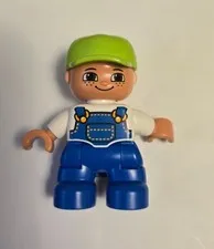 Lego Duplo Figure Kid Boy lime cap Blue overalls White Shirt  2” Tall