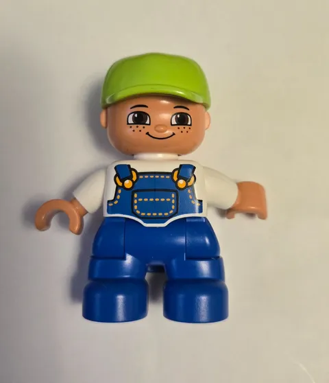Lego Duplo Figure Kid Boy lime cap Blue overalls White Shirt  2” Tall