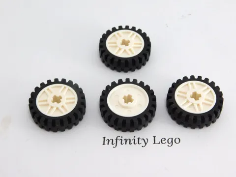 4 LEGO Black Tire / Tyre Narrow Wheel 24x7 White Rim with Axle Hole 56903 61254