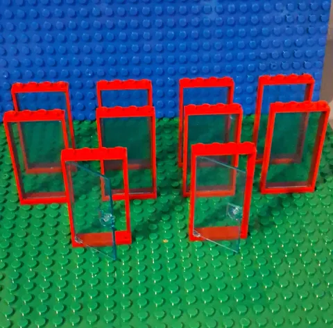 LEGO Window/Door Frame  1x4x5 In Red. Lot Of 10. With 8 Glass Pane And 2 Doors