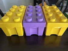 3 LEGO Storage Brick 8 Stud Container Box Purple, Yellow, Yellow EMPTY 14"x7"x7"