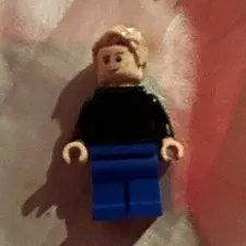 LEGO Minifigure Blonde Hair Tan Head Black Torso Blue Legs Plastic 5+