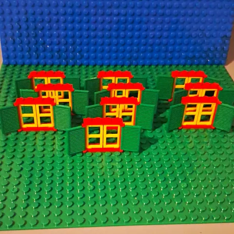 LEGO Window 1x4x3. In Red With Yellow Panes And Green Shutters. Lot Of 10.