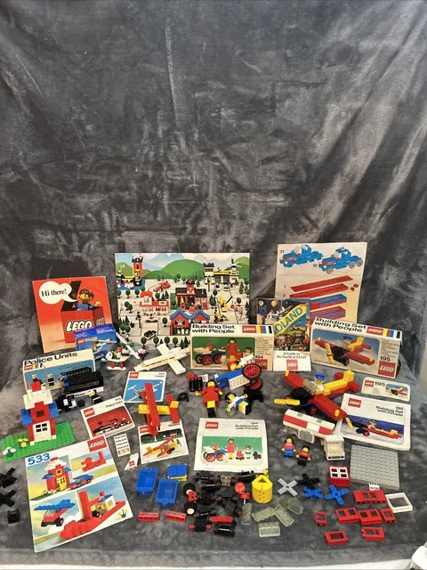 Vintage 70s And 80s Lego Lot  Partial Sets Mixed Pieces Mini Figs Boxes, Manuals