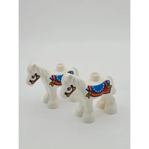 LEGO Duplo White Horse Figures with Blue and Red Saddle Lot of 2 10352