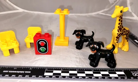 Lot of 7 LEGO DUPLO Items - Giraffe, 2 Dogs, 2 Chairs, Post, & Stoplight Brick