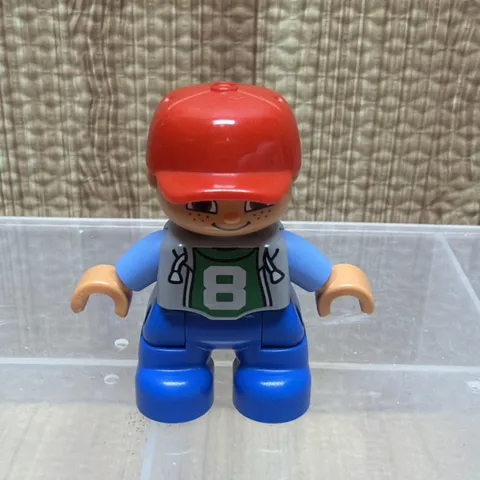 Lego Duplo Boy Figure Blue Top with 8 Pattern Red Helmet Freckles