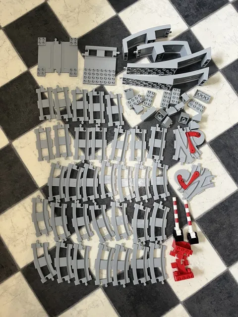Lego Duplo Lot Of Grey Train Tracks Curved Straight Crossing Switch, Bridge