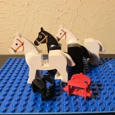 LEGO Horse Lot 3 Horses (2 White, 1 Black) with 2 Saddles (1 Red, 1 Black) (5pc)