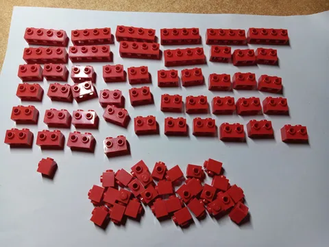 LEGO LOT OF 76 RED MODIFIED BRICKS STUDS ON 1 SIDE 1X1 1X2 1X4