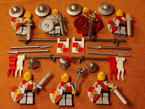 7 Lot Lego Lion Knight Minifigures Weapons Shields Helmets  Plume Flags Capes