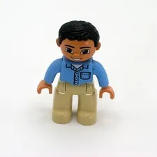 Lego Duplo Man Dad Figure with Black Hair Tan Pants & Blue Shirt