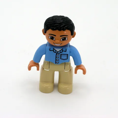 Lego Duplo Man Dad Figure with Black Hair Tan Pants & Blue Shirt