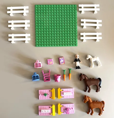 LEGO Friends Horse & Stable Parts Lot w/Baseplate, Fences, 3 Horses, Rider