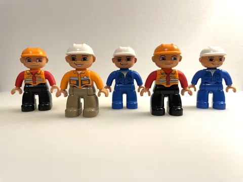 LEGO DUPLO Construction Worker Figures – Lot of 5, orange and blue with hard hat
