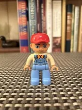 Lego Duplo Figure Male Dad Man Farmer Orange Scarf Red Hat Cap Blue Tan Overall