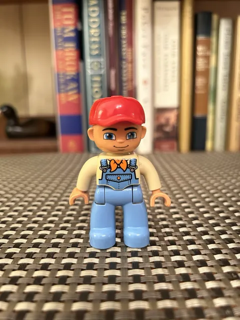 Lego Duplo Figure Male Dad Man Farmer Orange Scarf Red Hat Cap Blue Tan Overall