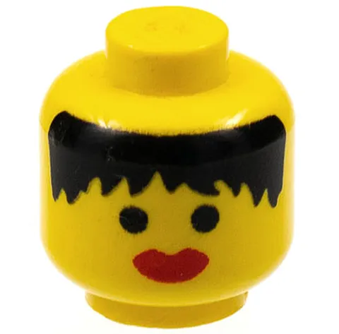 LEGO Yellow Minifigure, Head Female Black Hair Messy, Thick Red Lips Pattern - S