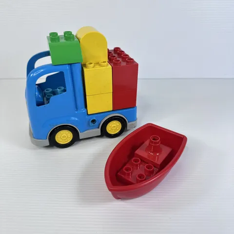 Lego Duplo Blue Truck Vehicle Transport with Boat and blocks 