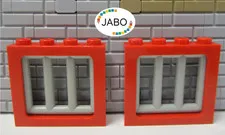 (G12/8/11) LEGO 2 x Window Frames 4033 Red 1x4x3 + 6016 Grille Old Light Grey