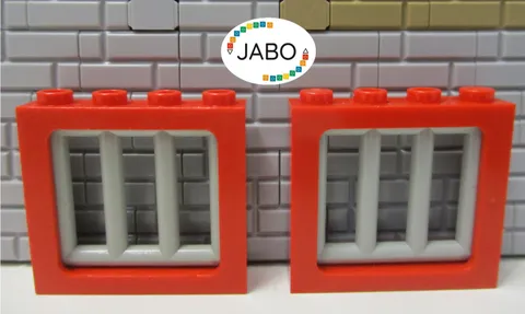 (G12/8/11) LEGO 2 x Window Frames 4033 Red 1x4x3 + 6016 Grille Old Light Grey