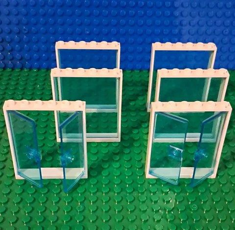 LEGO White 1x6x6 Windows. 6 Total. 4 With Blue Glass 2 With Blue Door