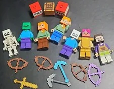 Lot Of 7 Lego Minecraft Minifig figures minifigures W/ Accessories Weapons