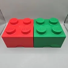 Pair (2) Vintage 1985 Official Lego Plastic 2x2 Brick Storage Boxes Red & Green