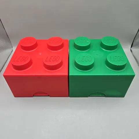 Pair (2) Vintage 1985 Official Lego Plastic 2x2 Brick Storage Boxes Red & Green
