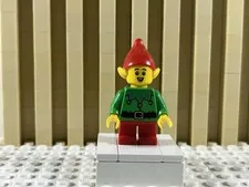 Lego Christmas Elf Mini Figure Green W/ Scalloped Collar w/ Bells Torso,Red Hat