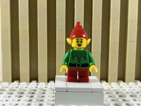 Lego Christmas Elf Mini Figure Green W/ Scalloped Collar w/ Bells Torso,Red Hat