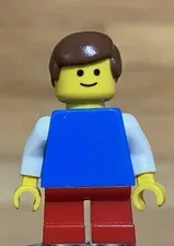 LEGO City Town Boy Girl Minifig, Solid Blue Top W/ White Arms, Short Red Legs