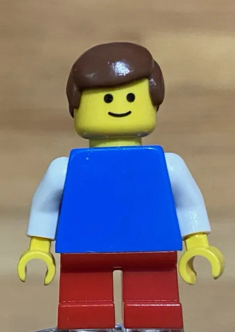 LEGO City Town Boy Girl Minifig, Solid Blue Top W/ White Arms, Short Red Legs