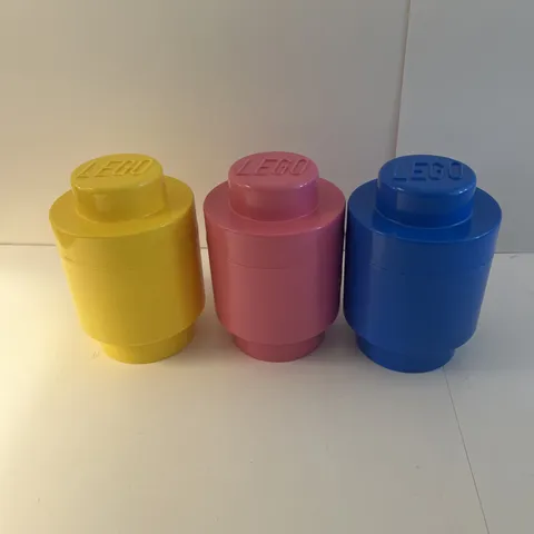 Three PACK  LEGO STORAGE BRICKS 1 Knob Pink, Blue, Yellow