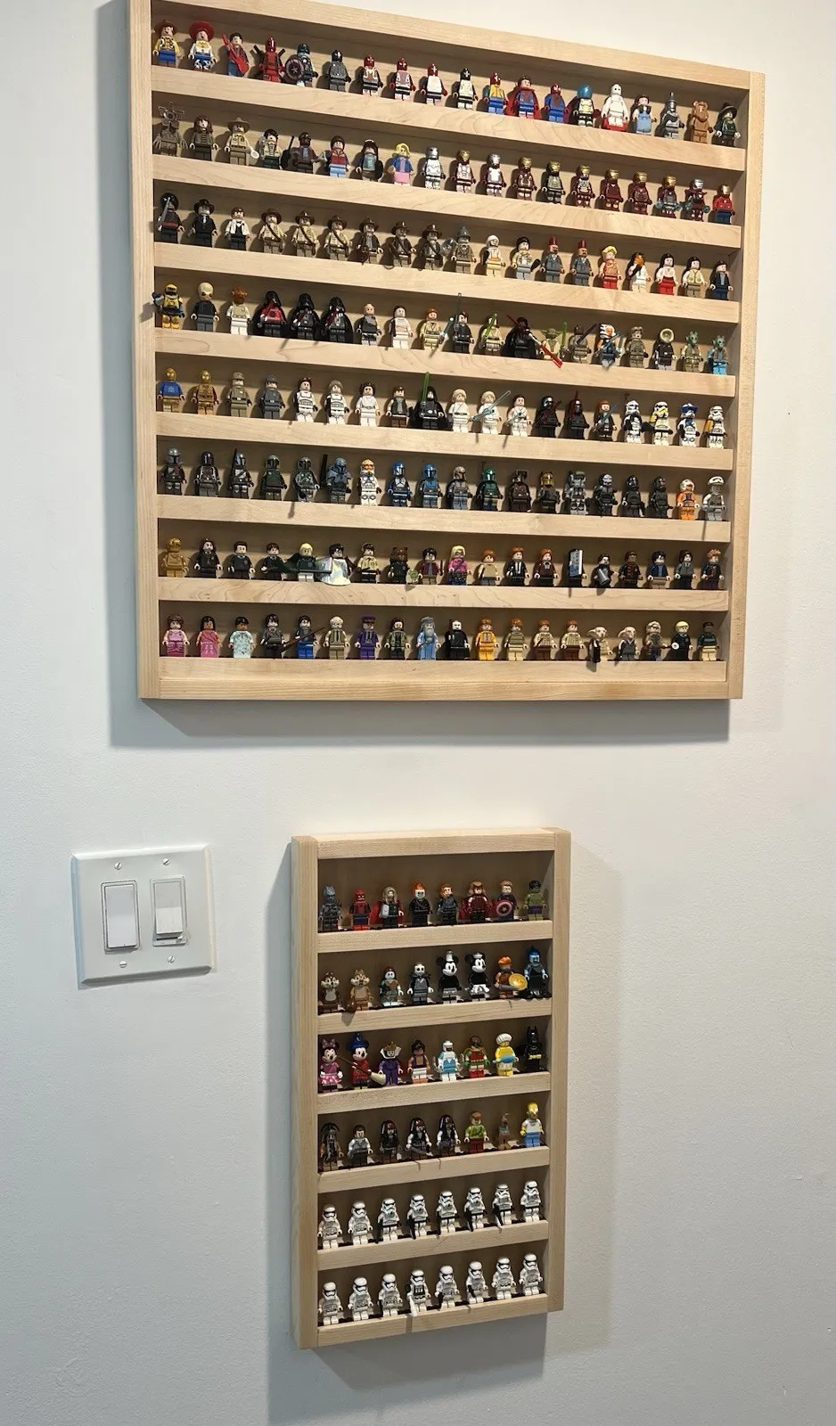 Custom hard maple Lego minifigure display (walnut Trim, Maple Shelves, 61” X 61”